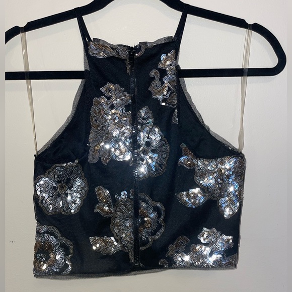 Black Sequin Crop Top with Gold & Silver Floral Details - Teeze Me - Picture 2 of 4